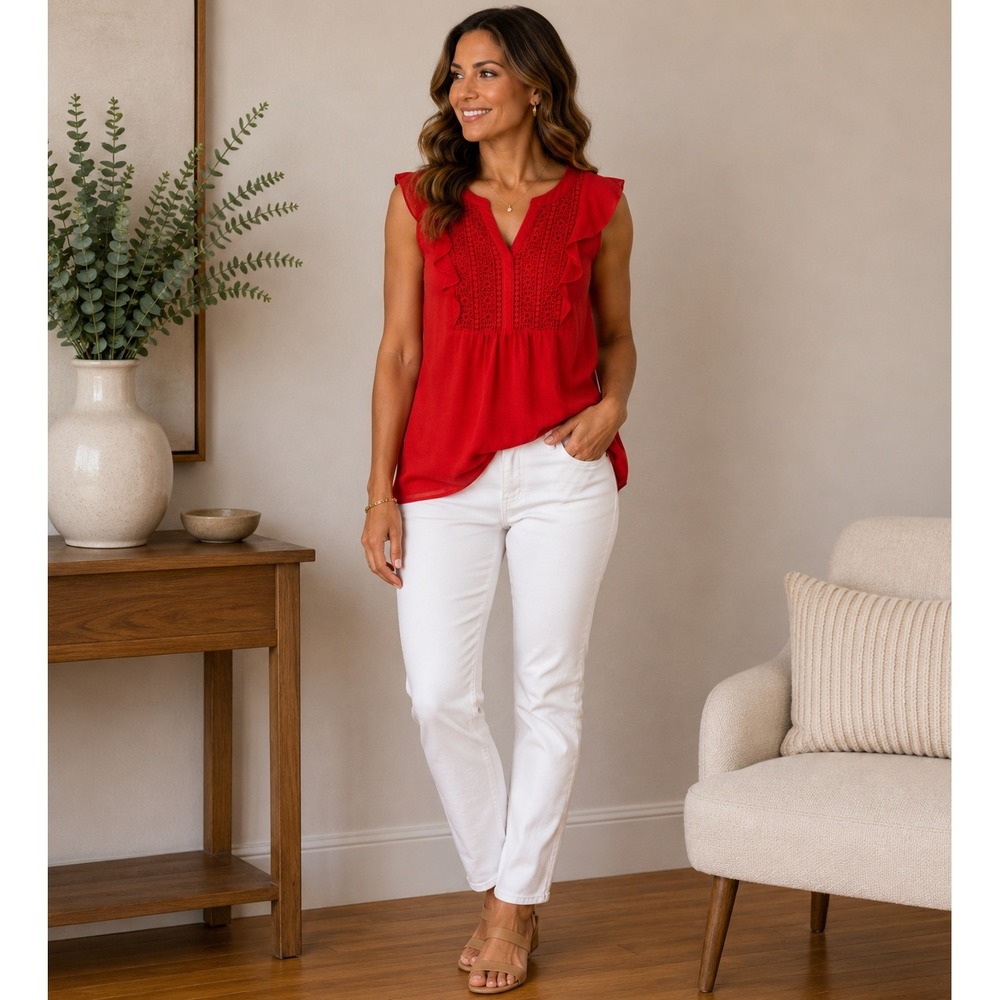 Charter Club Womens XL Red Crochet Lace Ruffle Sleeveless Blouse Split V-Neck